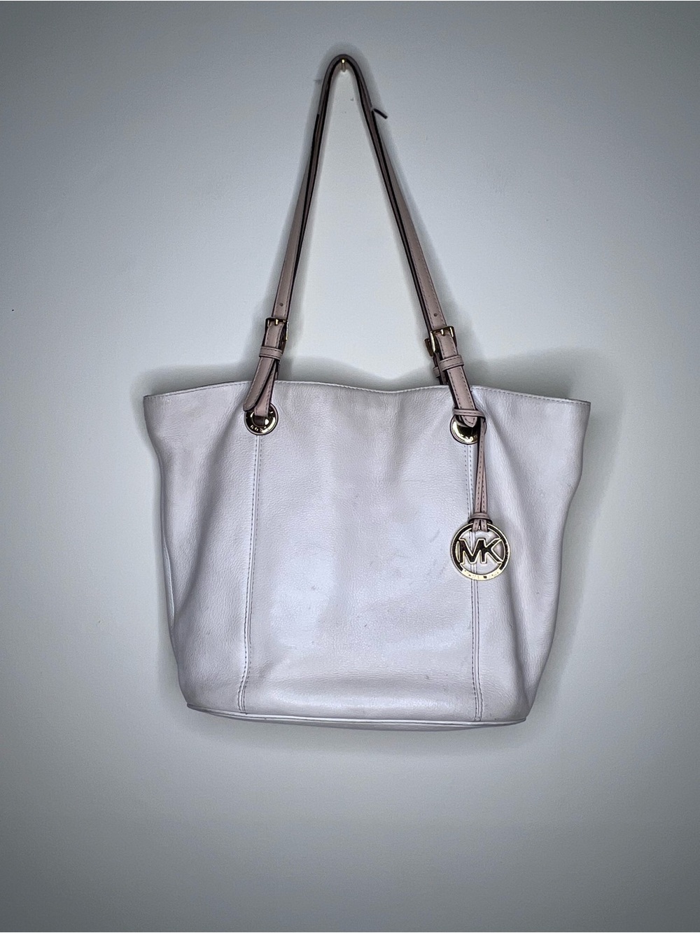 Michael Kors White Leather Tote with Gold Logo Charm